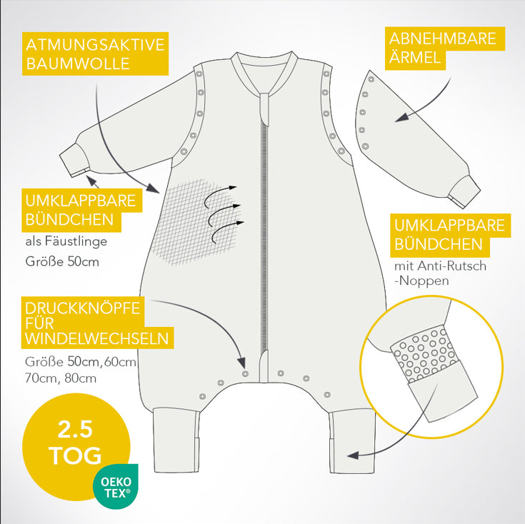 Schlafsack mit Füßen und umklappbaren Bündchen, 2.5 TOG