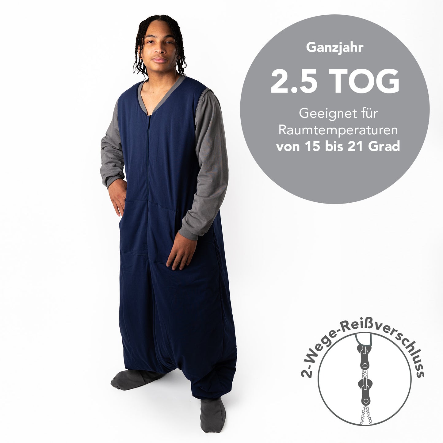 Schlafsack mit Füßen für Erwachsene mit umklappbaren Bündchen, 2.5 TOG