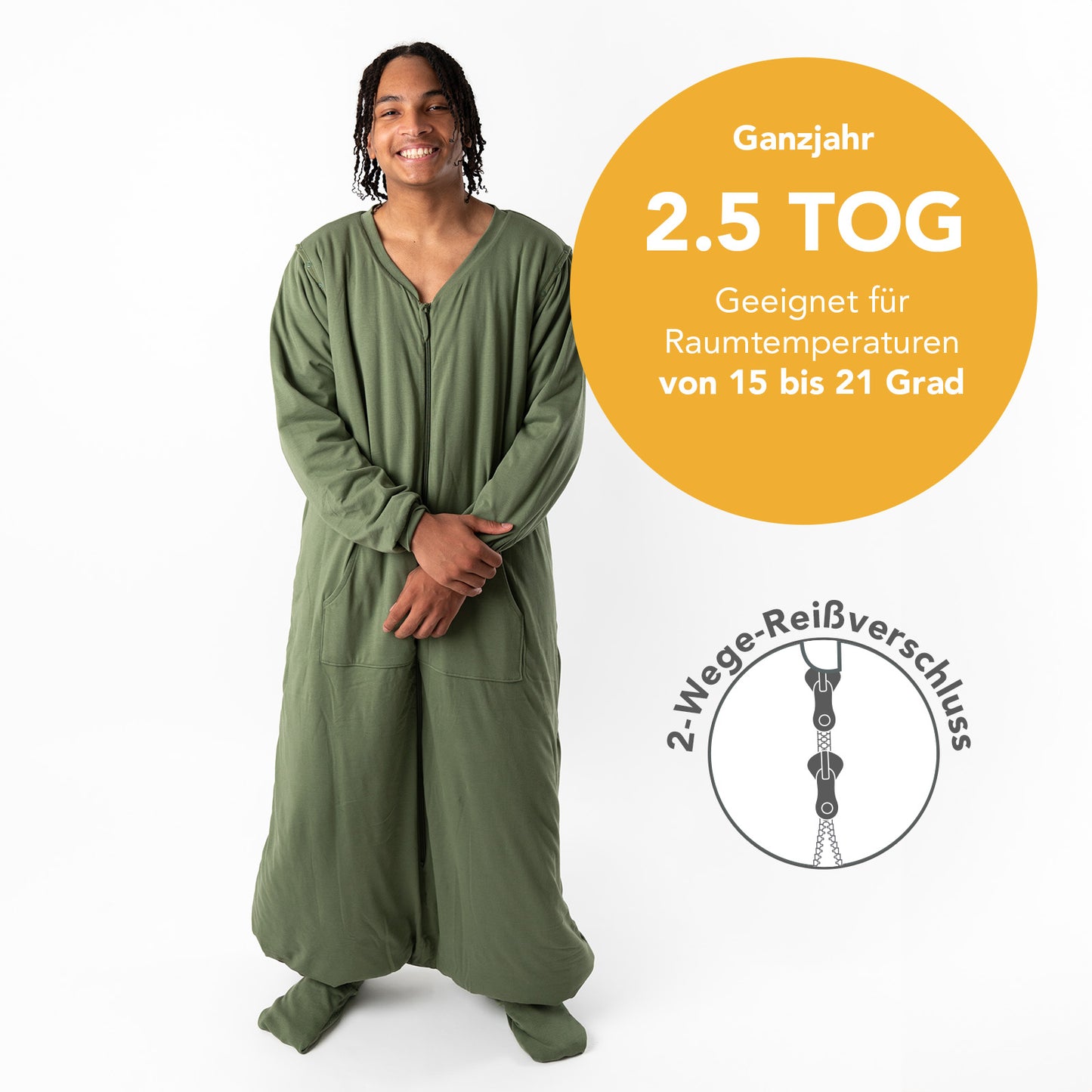 Schlafsack mit Füßen für Erwachsene mit umklappbaren Bündchen, 2.5 TOG
