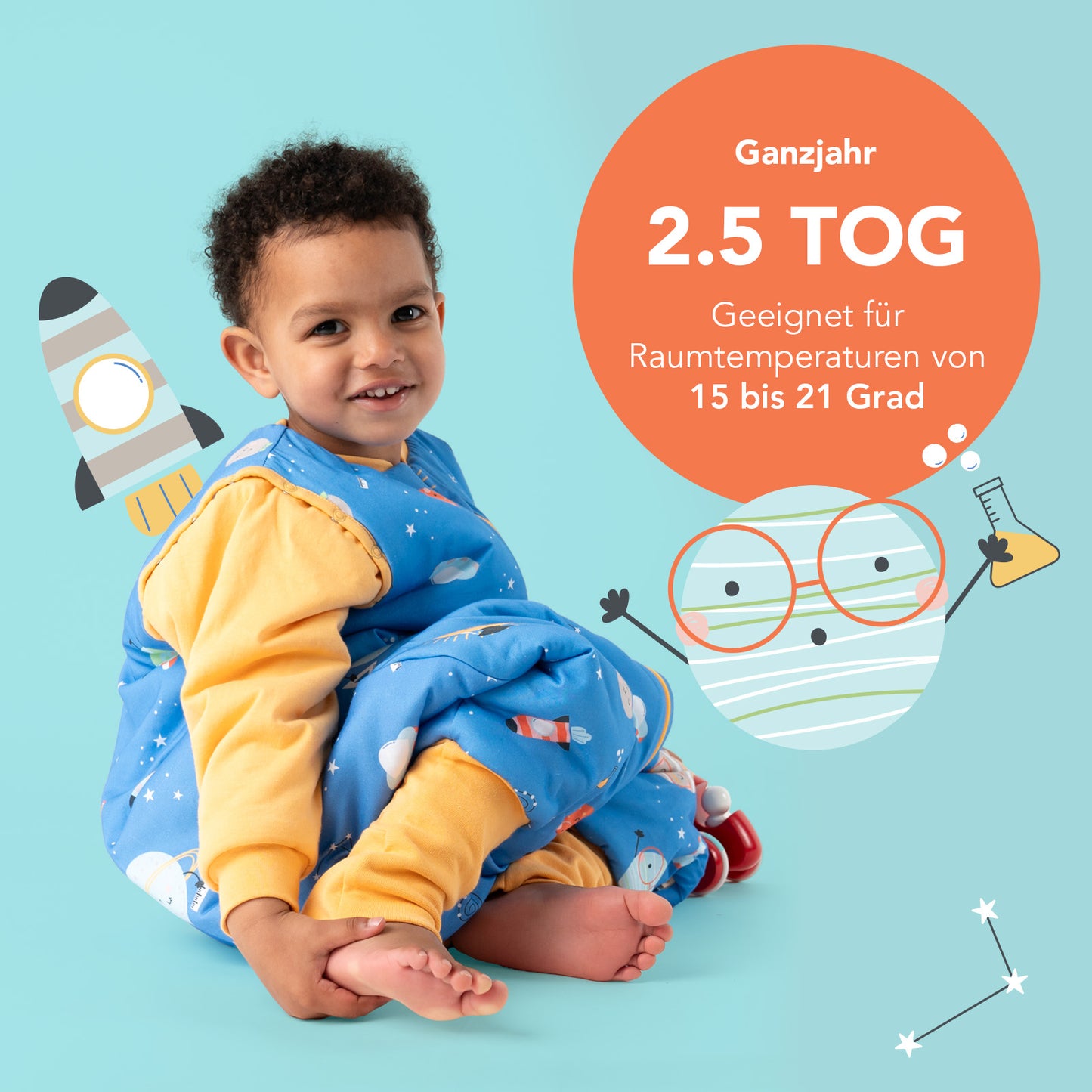 Schlafsack mit Füßen und umklappbaren Bündchen, 2.5 TOG