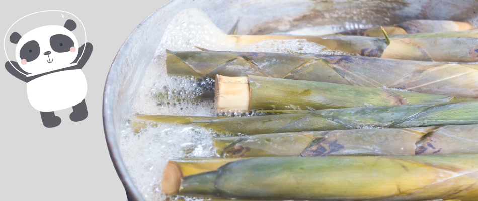 Bambussprossen werden in einem Topf gekocht, mit Blasen an der Wasseroberfläche. Eine niedliche Panda-Illustration ist daneben zu sehen.