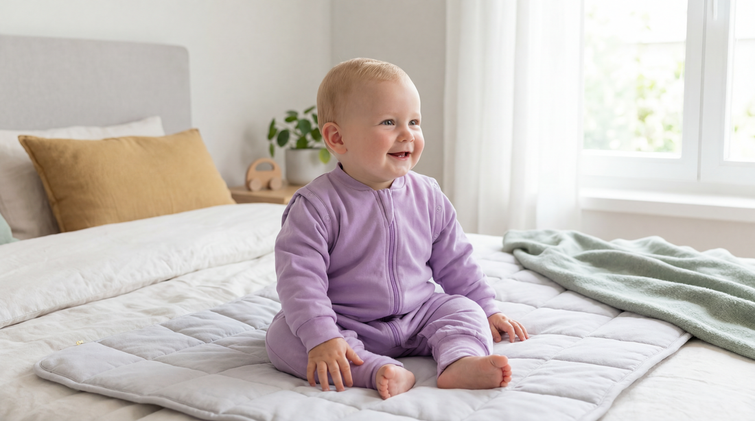 Lächelndes Baby sitzt selbstständig auf einem weißen Bett in einem grauen Schlafanzug mit gelben Bündchen.
