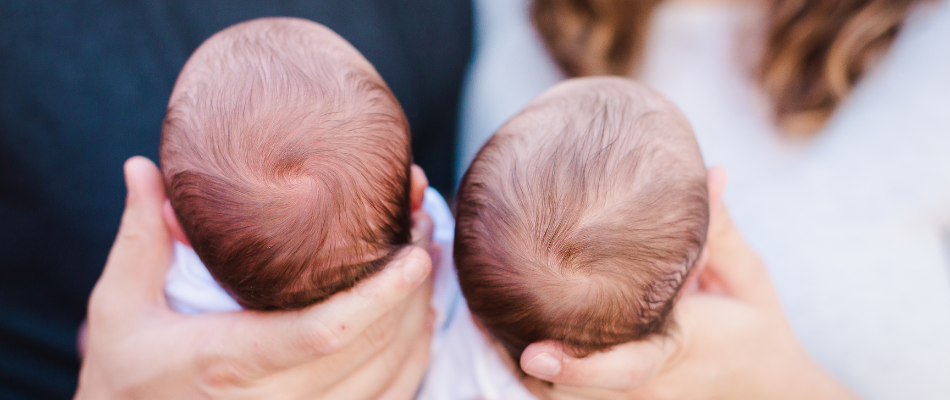 Zwei Neugeborene werden von Erwachsenen gehalten, jeweils eines in jeder Hand. Die Köpfe der Babys sind von hinten zu sehen, beide haben feines, braunes Haar.