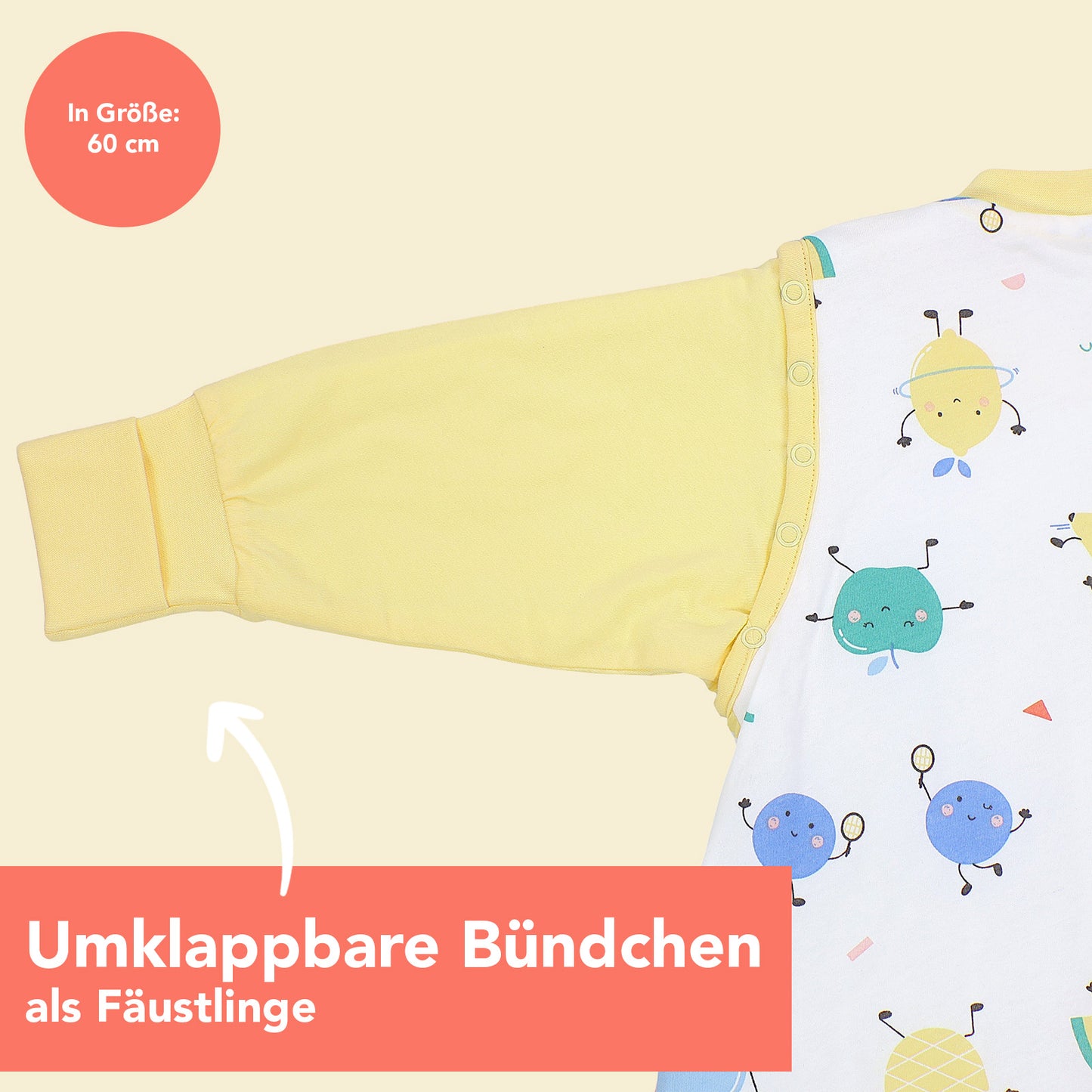Schlafsack mit Füßen umklappbaren Bündchen und Ärmeln 1.0 TOG_Fruchtathleten_Armbündchen_1182