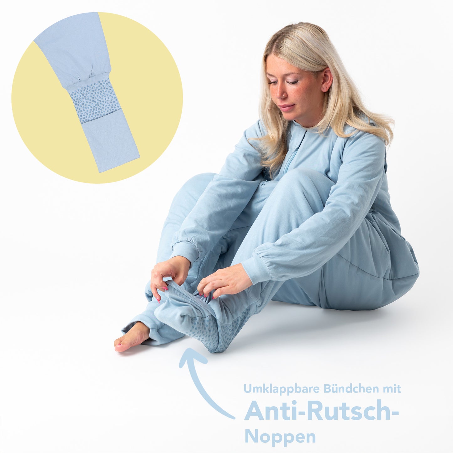 Schlafsack mit Füßen für Erwachsene mit umklappbaren Bündchen und Ärmeln 1.0 TOG_Blue Ice_Fußbündchen_1190