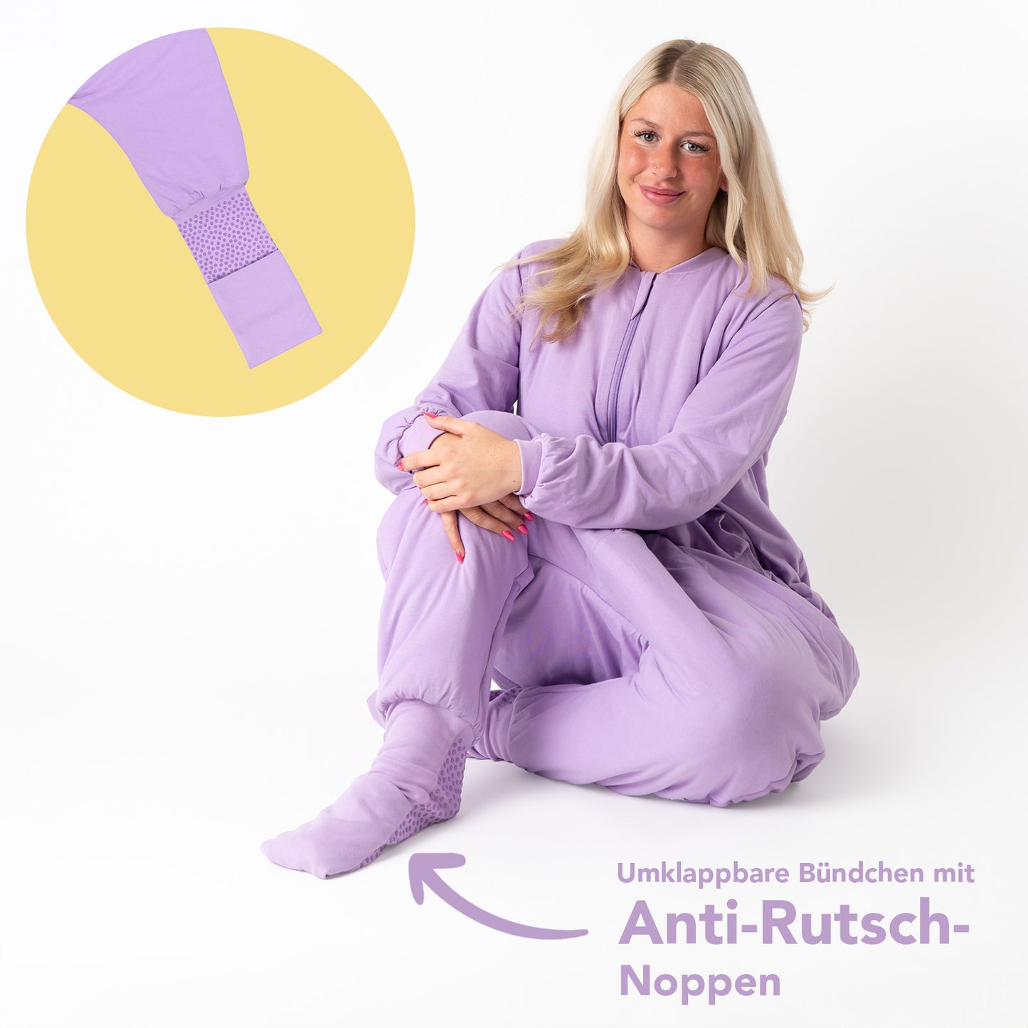 Schlafsack mit Füßen für Erwachsene mit umklappbaren Bündchen und Ärmeln 1.0 TOG_Lavendel_Fußbündchen_1190