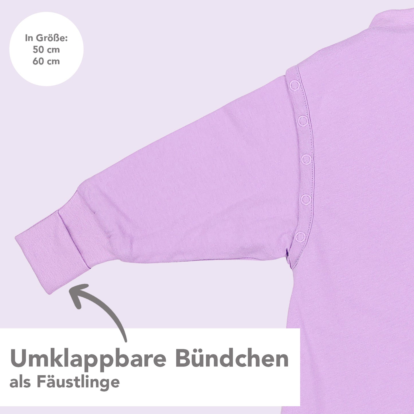 Schlafsack mit Füßen umklappbaren Bündchen und Ärmeln 1.0 TOG_Lavendel_Armbündchen_1200