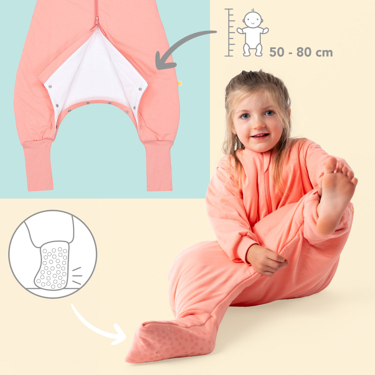 Schlafsack mit Füßen umklappbaren Bündchen und Ärmeln 1.0 TOG_Pfirsich_Fußbündchen_1200