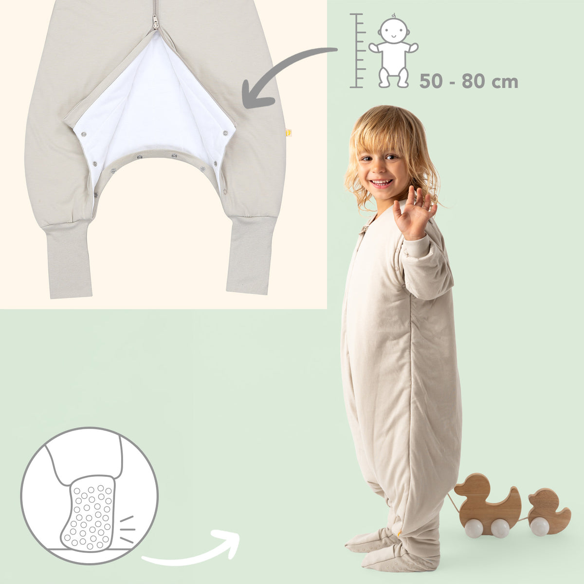 Schlafsack mit Füßen umklappbaren Bündchen und Ärmeln 1.0 TOG_Taupe_Fußbündchen_1200