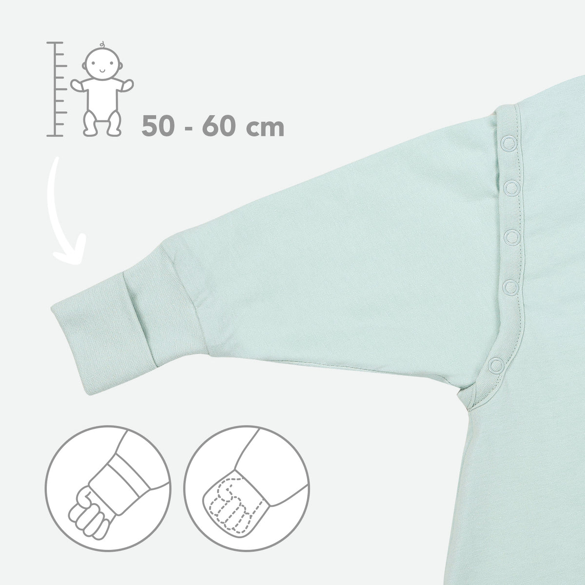Schlafsack mit Füßen und umklappbaren Bündchen 2.5 TOG_Salbei_Armbündchen_1202