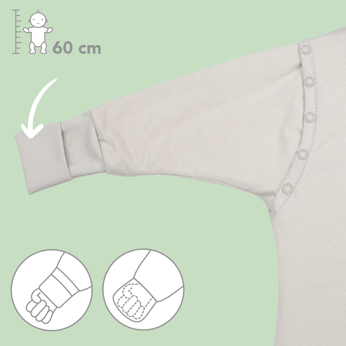 Schlafsack mit Füßen und umklappbaren Bündchen 2.5 TOG_Taupe_Armbündchen_1202