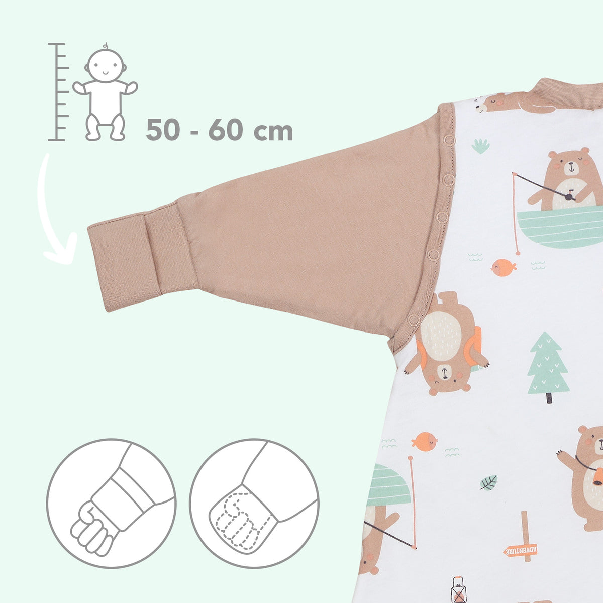 Schlafsack mit Füßen und umklappbaren Bündchen 2.5 TOG_Entdecker Bär_Armbündchen_461