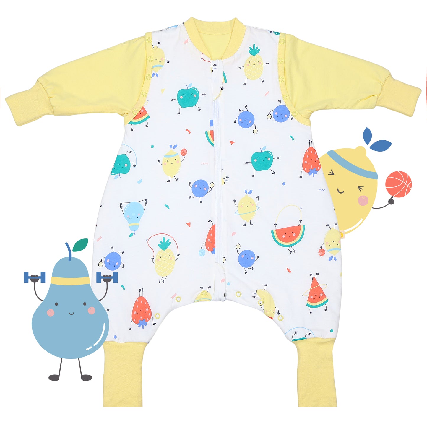 Schlafsack mit Füßen und umklappbaren Bündchen 2.5 TOG_Fruchtathleten_Vorderseite_461