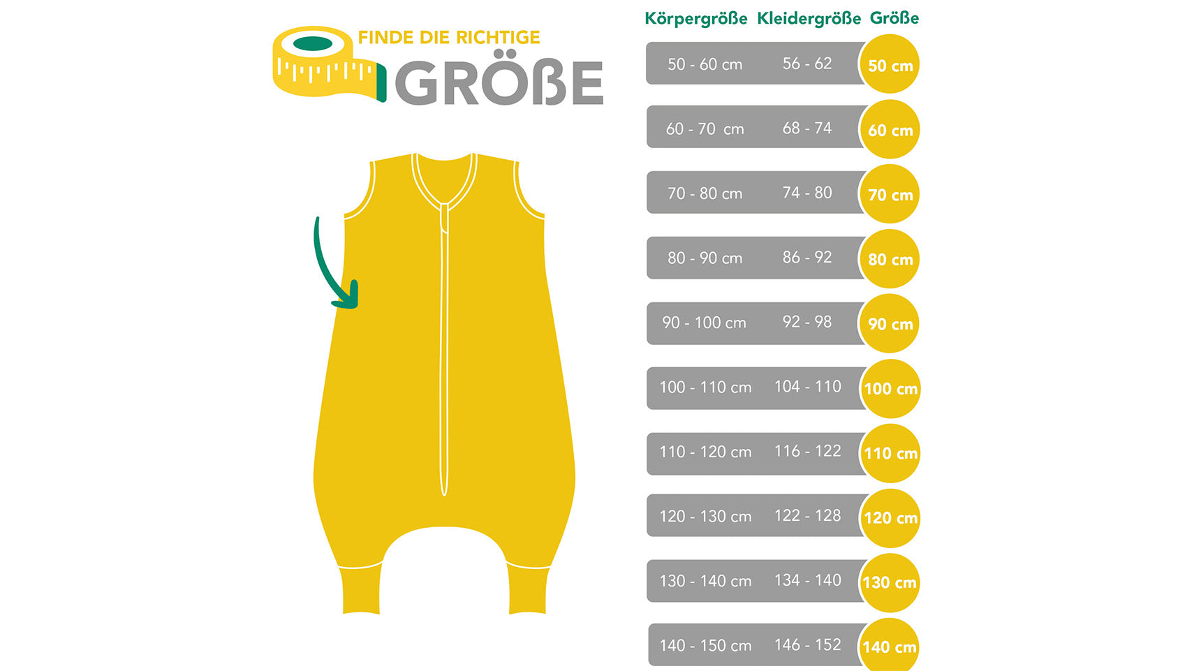 Größentabelle Schlafsack mit Füßen